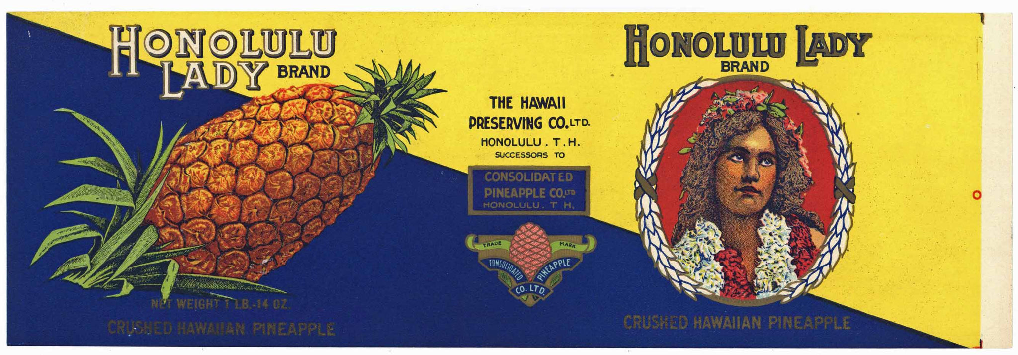 Honolulu Lady Brand Vintage Crushed Pineapple Can Label, early