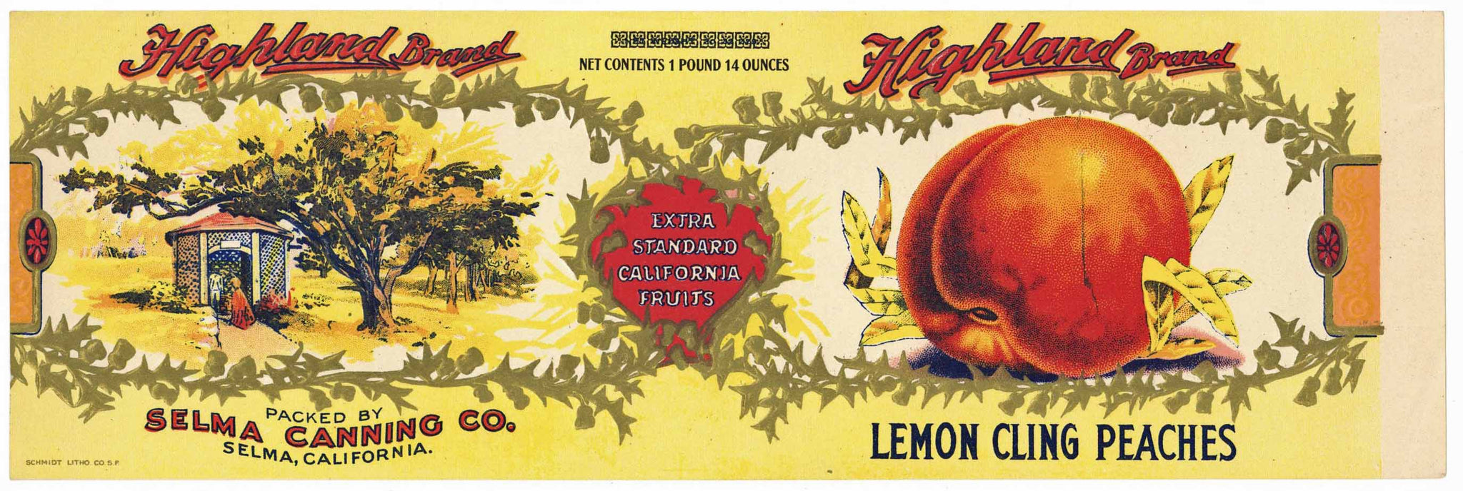 Highland Brand Vintage Selma Peach Can Label, yellow