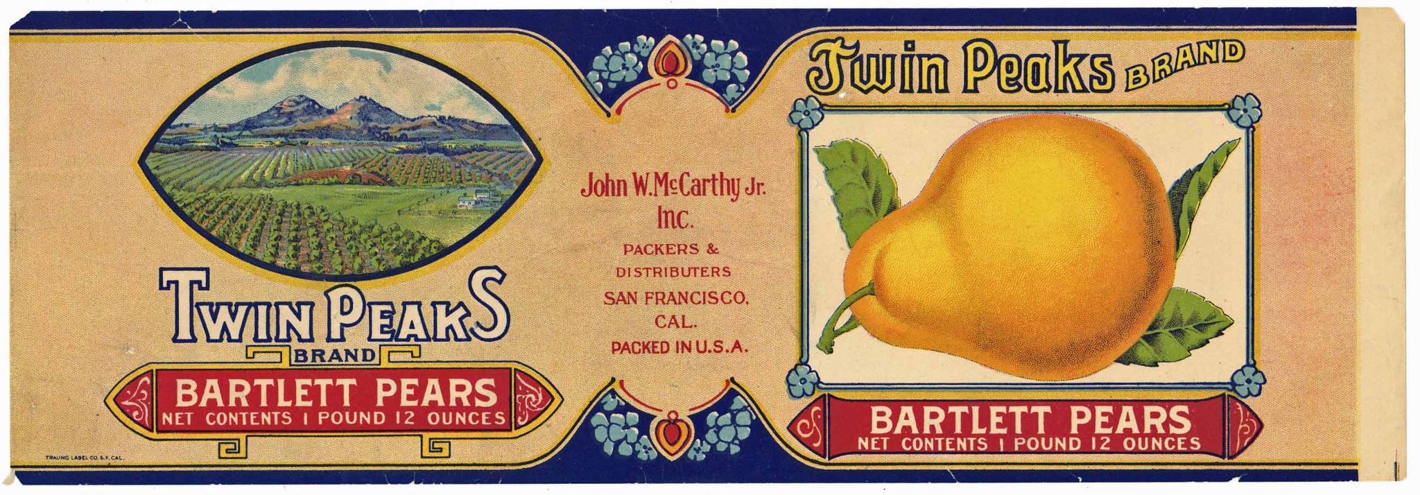 Twin Peaks Brand Vintage California Pear Can Label