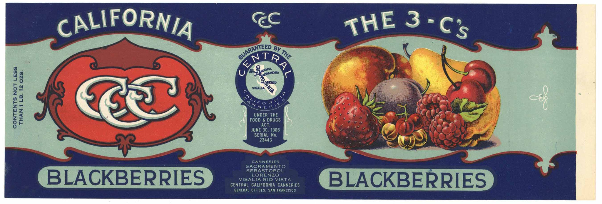 The 3 C's Brand Vintage California Blackberries Can Label