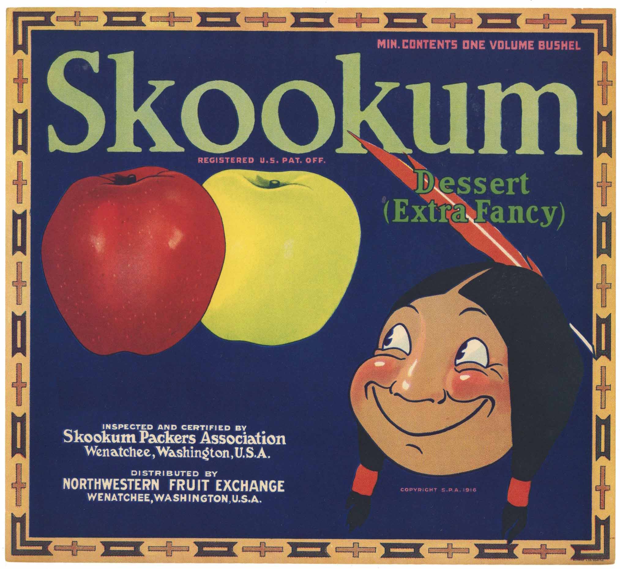 Skookum Brand Vintage Washington Apple Crate Label, bordered, blue