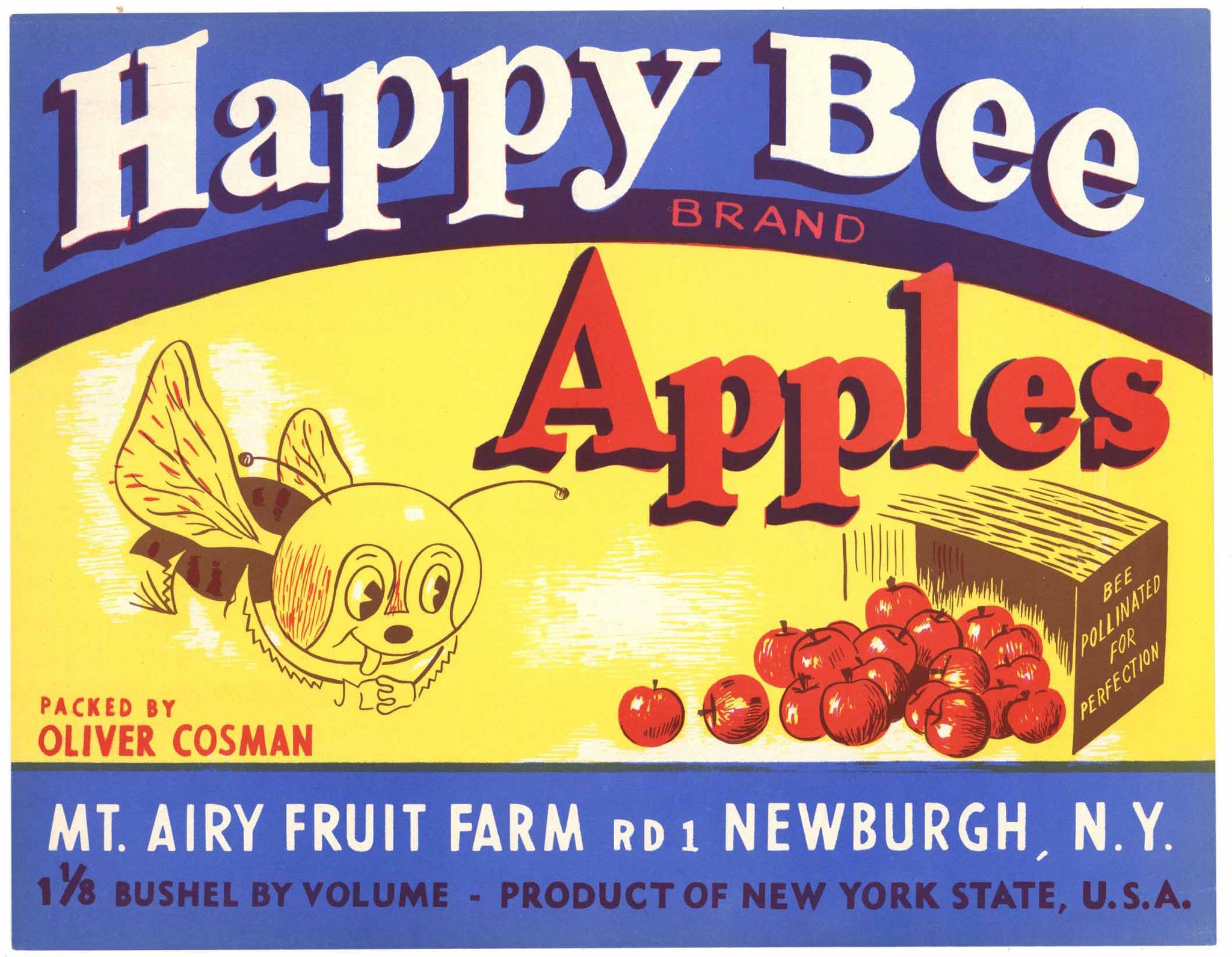 Happy Bee Brand Vintage New York Apple Crate Label, 1  1/8 bushel