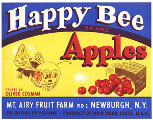 Happy Bee Brand Vintage New York Apple Crate Label, one bushel