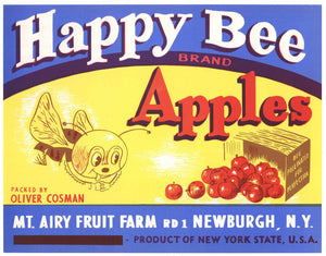 Happy Bee Brand Vintage New York Apple Crate Label, overprint