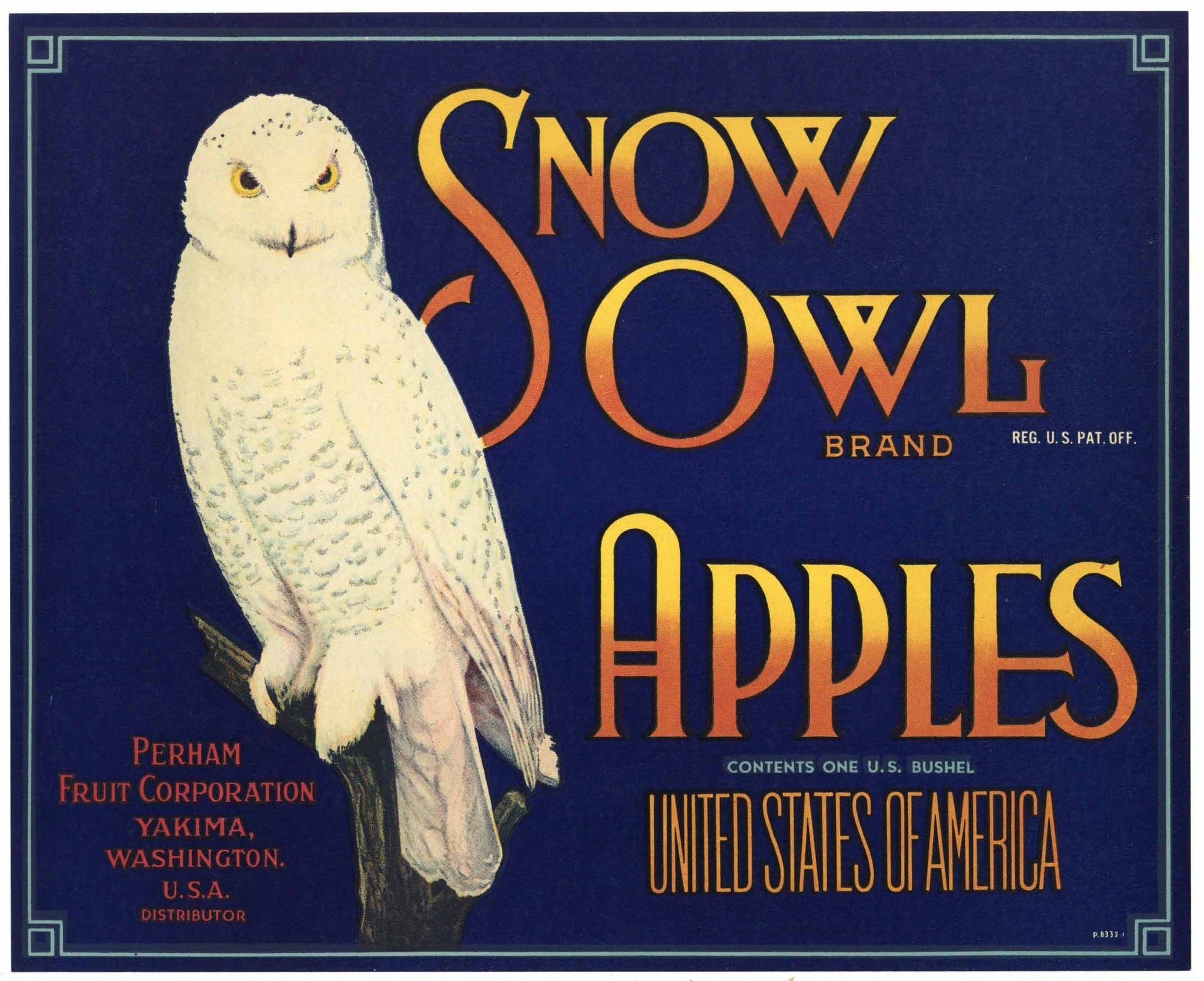 Snow Owl Brand Vintage Washington Apple Crate Label blue, Pat. Off.