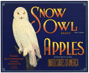 Snow Owl Brand Vintage Washington Apple Crate Label blue, Pat. Off.