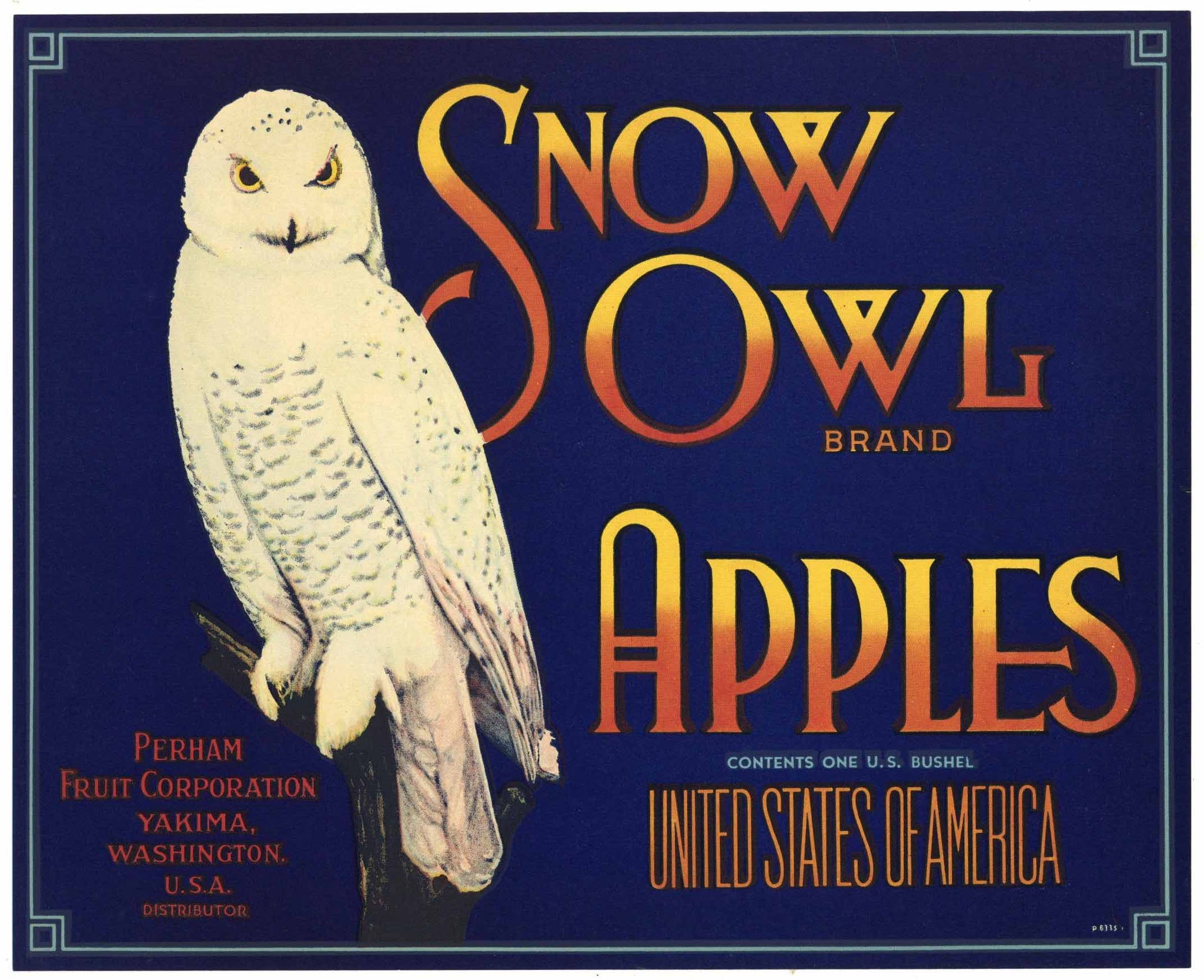 Snow Owl Brand Vintage Washington Apple Crate Label blue