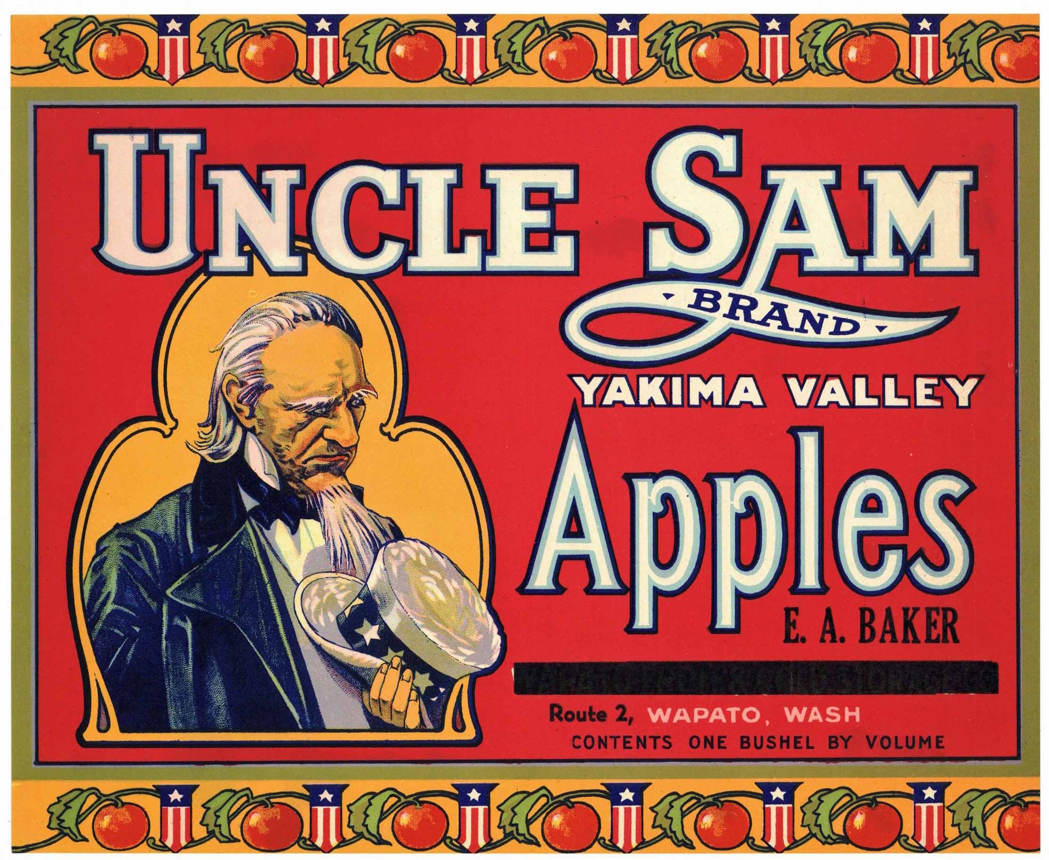 Uncle Sam Brand Wapato Washington Apple Crate Label, red, overprint