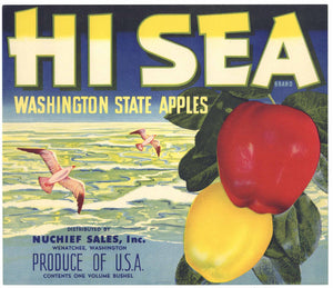 Hi Sea Brand Vintage Wenatchee Washington Apple Crate Label, Nuchief Sales