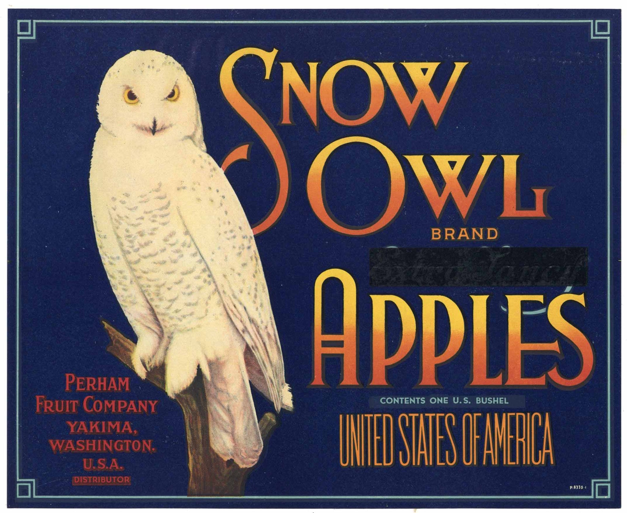 Snow Owl Brand Vintage Washington Apple Crate Label, overprint