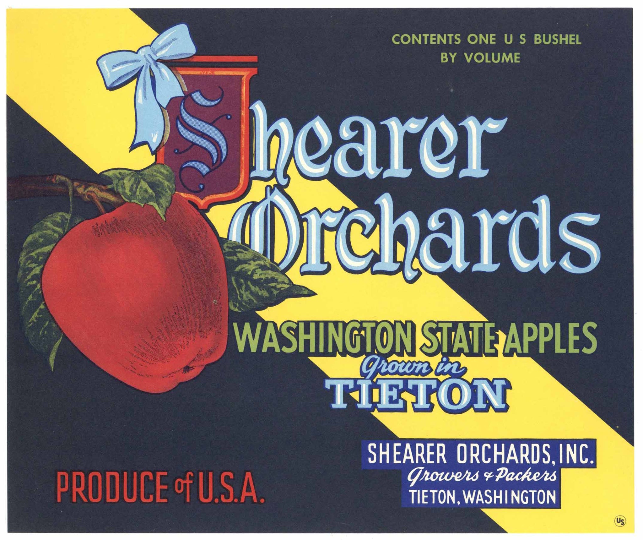 Shearer Orchards Brand Vintage Tieton Washington Apple Crate Label, yellow