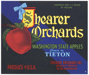 Shearer Orchards Brand Vintage Tieton Washington Apple Crate Label, blue