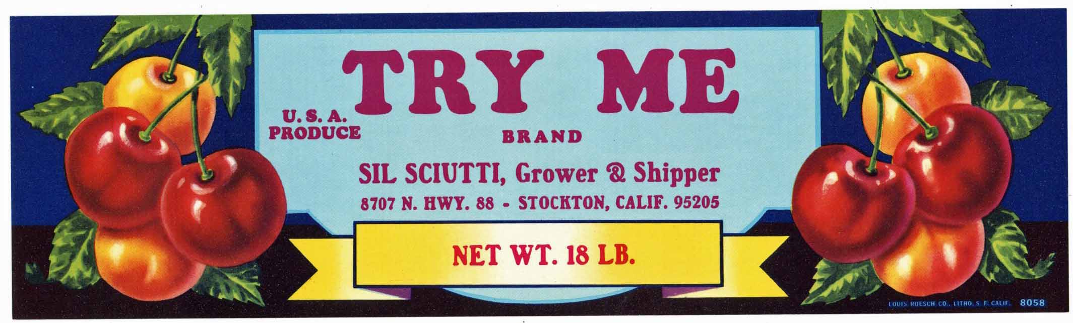 Try First Label Try Me Brand Vintage Stockton California Cherry Crate Label – thelabelman