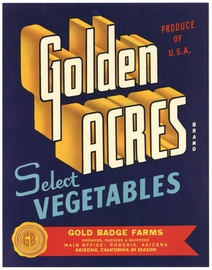 Golden Acres Brand Vintage Phoenix Arizona Vegetable Crate Label