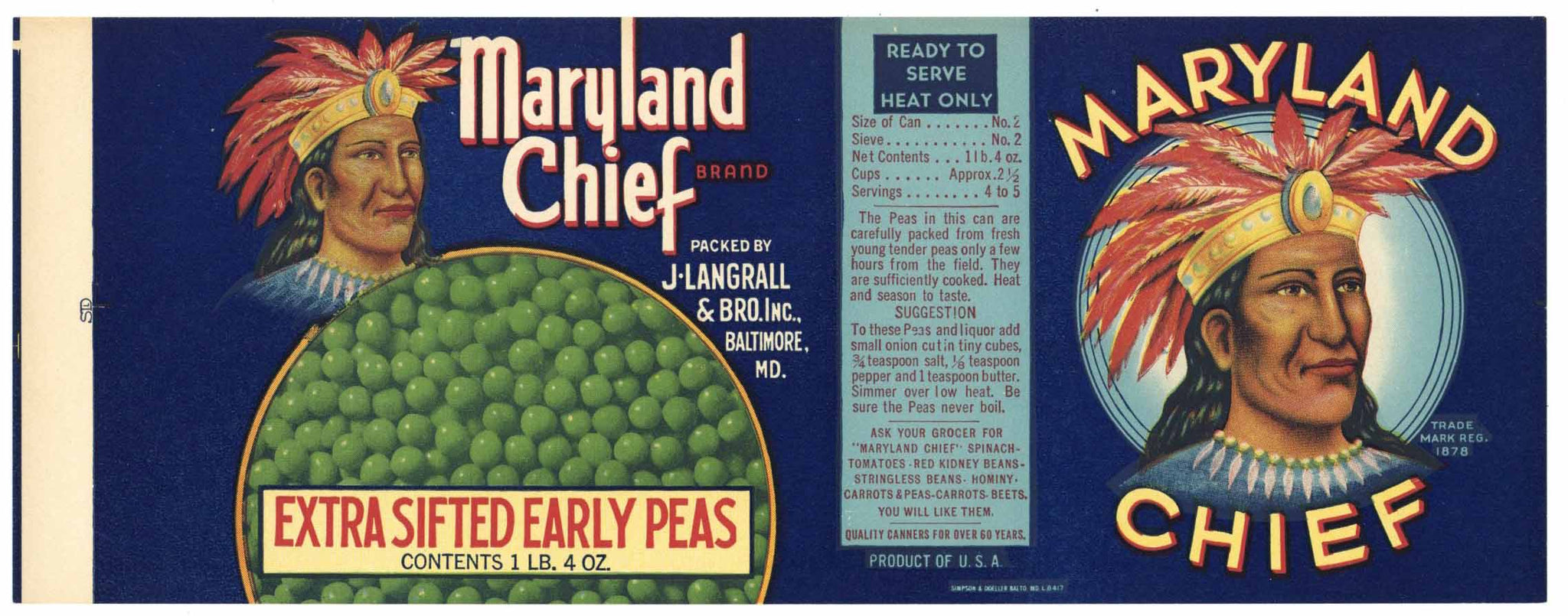 Maryland Chief Brand Vintage Baltimore Extra Sifted Early Peas Can Label