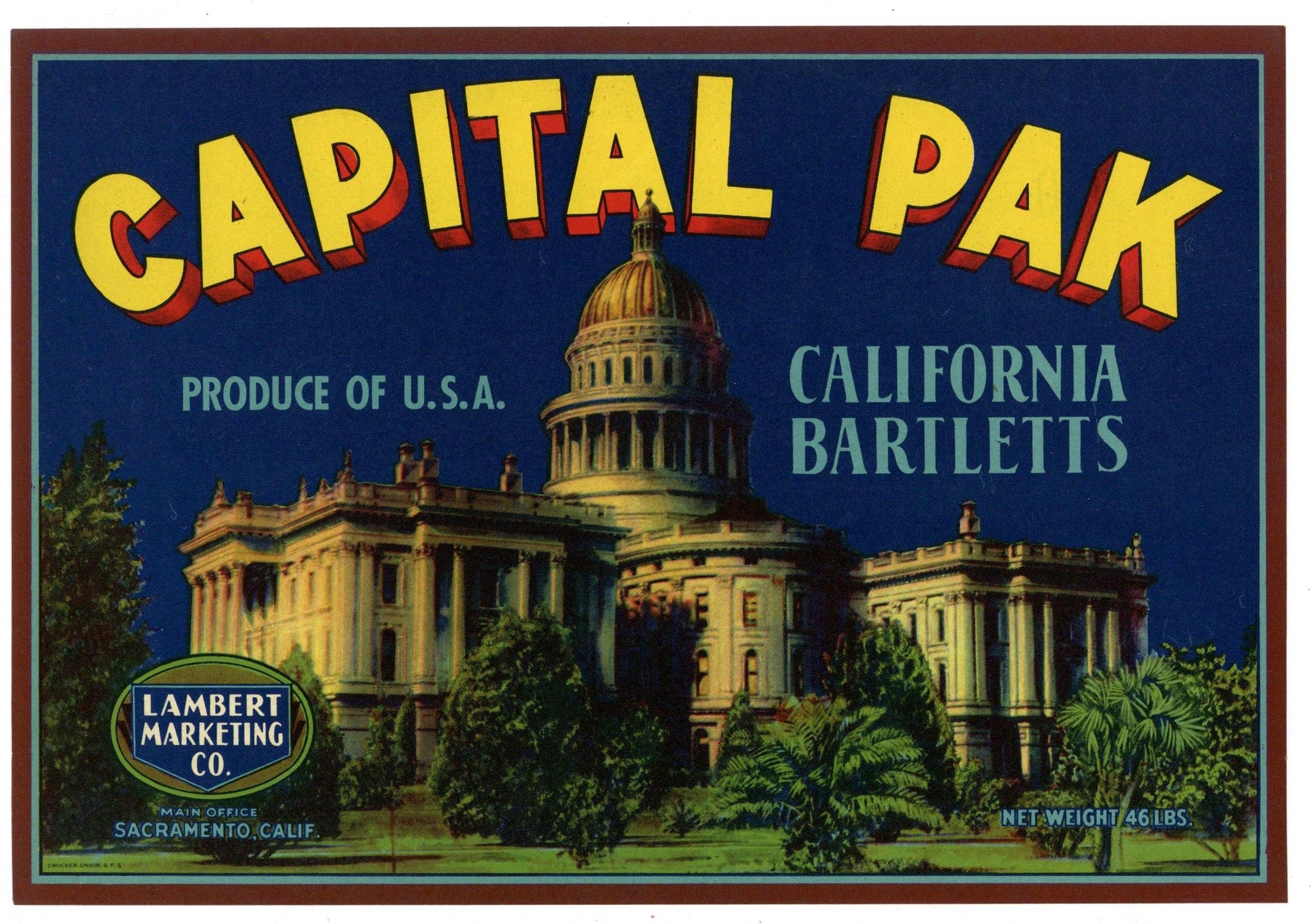 Capital Pak Brand Vintage Sacramento Pear Crate Label