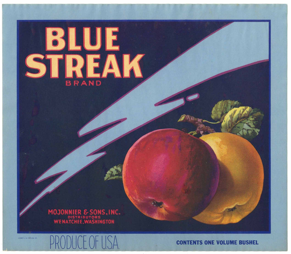 Blue Streak Brand Vintage Wenatchee Washington Apple Crate Label, wear