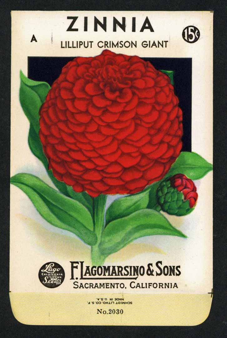 Zinnia Vintage Lagomarsino Seed Packet, Lilliput Crimson Giant