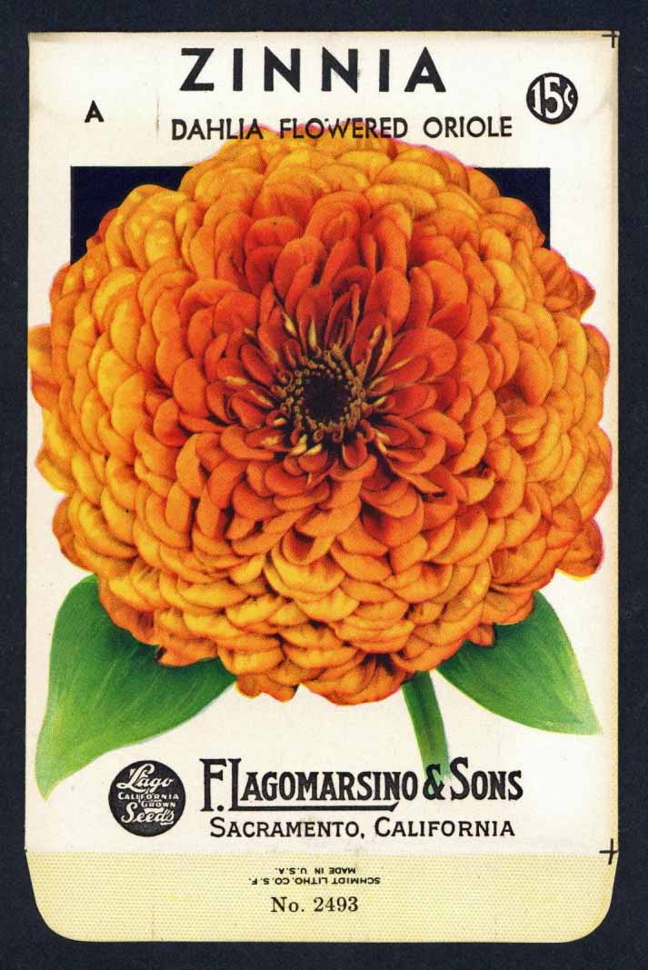 Zinnia Vintage Lagomarsino Seed Packet, Flowered Oriole