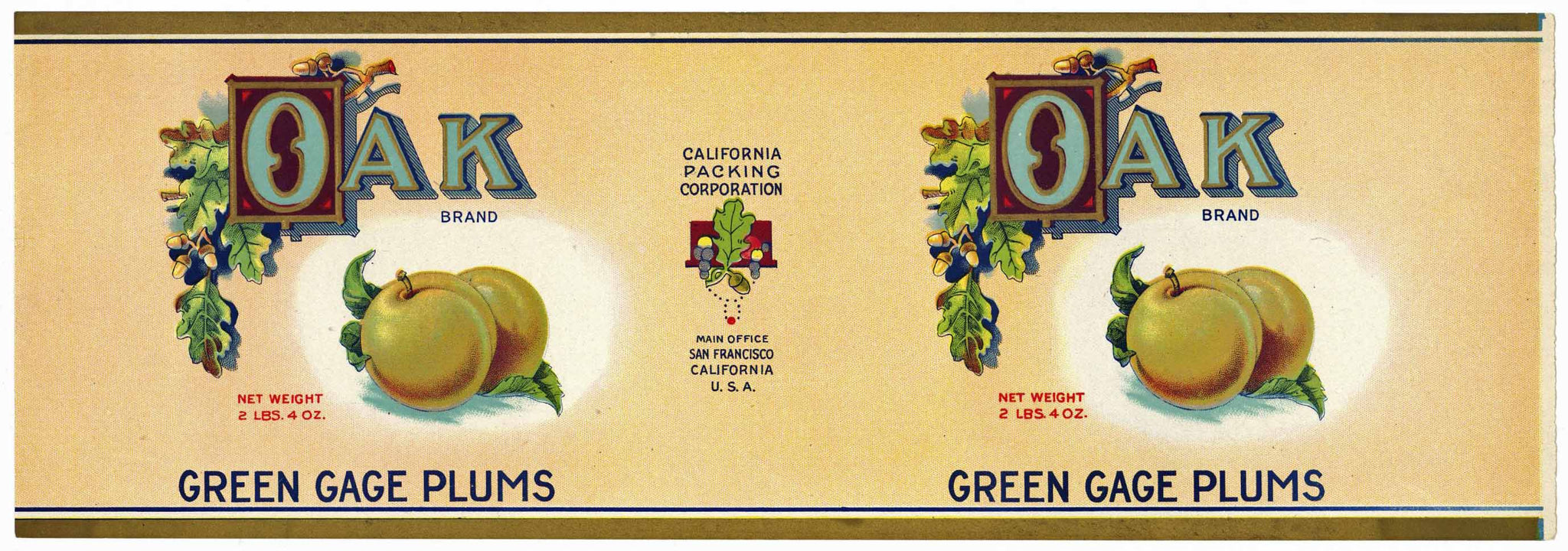 Oak Brand Vintage Green Cage Plums Can Label