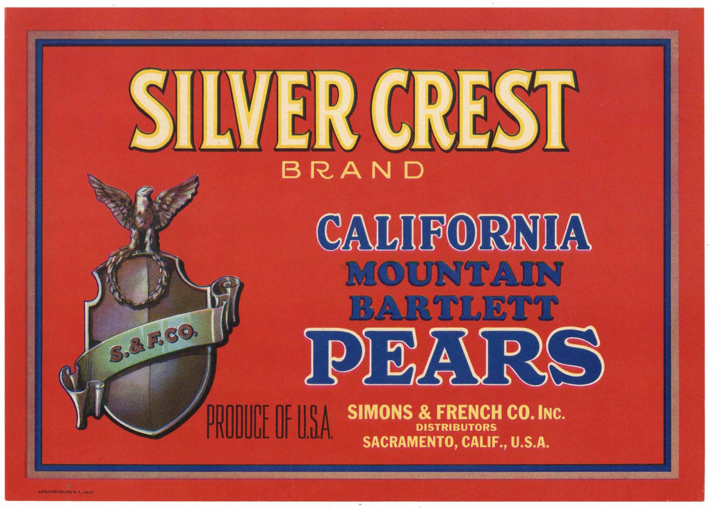 Silver Crest Brand Vintage Sacramento California Pear Crate Label, red, 'mountain bartletts'