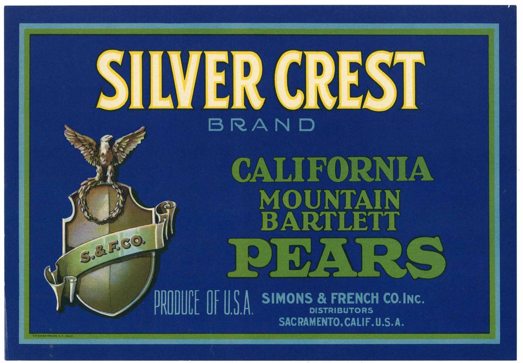 Silver Crest Brand Vintage Sacramento California Pear Crate Label, blue