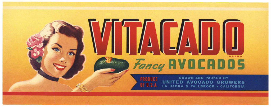 Vitacado Brand Vintage La Habra Fallbrook Avocado Crate Label
