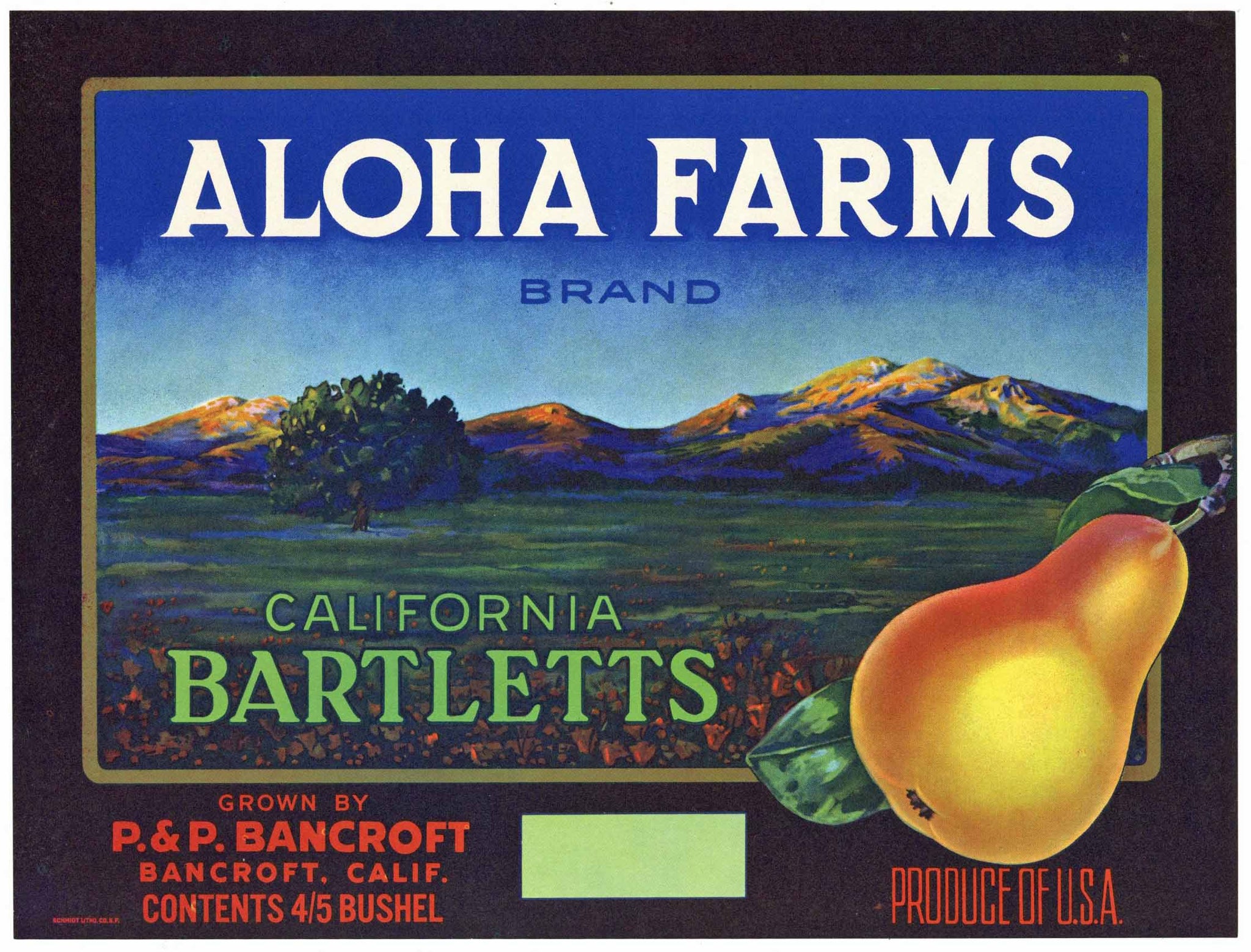Aloha Farms Brand Vintage Bancroft California Pear Fruit Crate Label