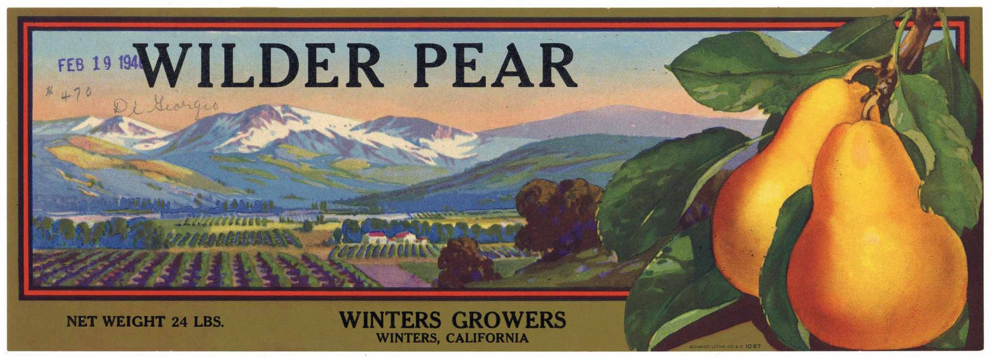 Wilder Brand Vintage Winters California Pear Crate Label, damage