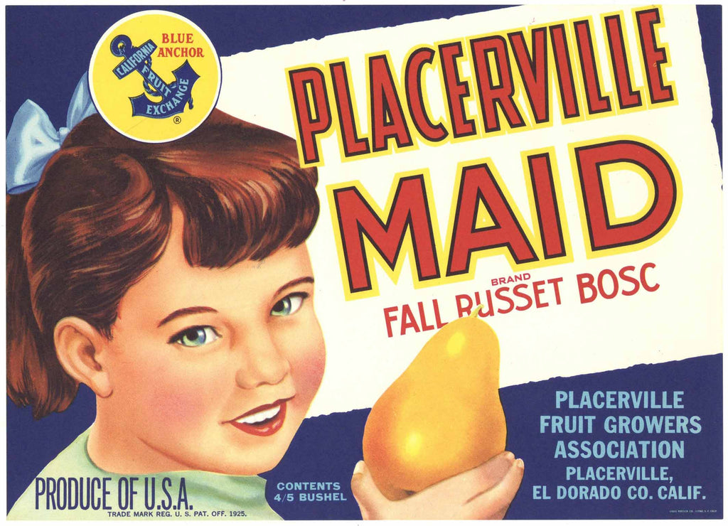 Placerville Maid Brand Vintage El Dorado County Pear Crate Label, Russet Bosc