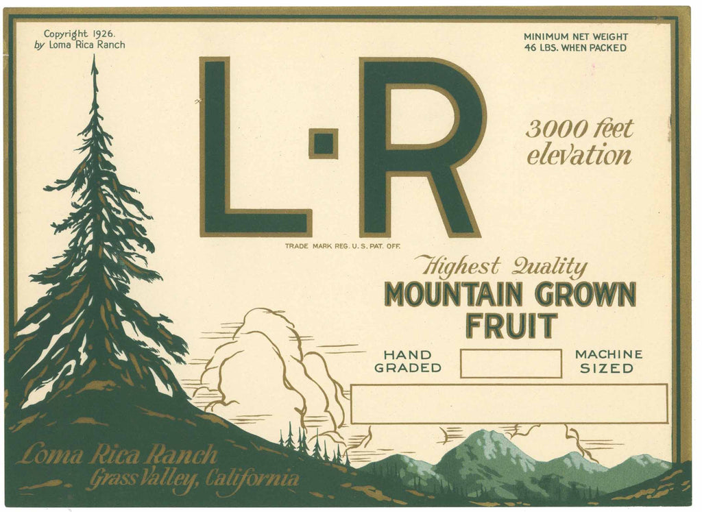 L-R Brand Vintage Grass Valley California Pear Fruit Crate Label
