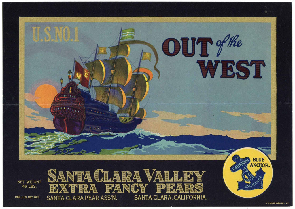 Out of the West Brand Vintage Santa Clara California Pear Crate Label, early