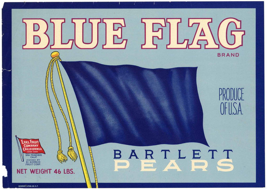 Blue Flag Brand Vintage California Pear Crate Label, damage