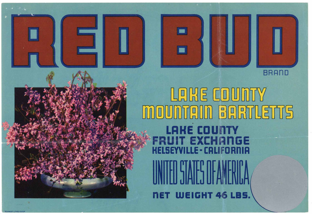 Red Bud Brand Vintage Kelseyville California Pear Crate Label, damage