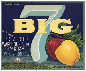 Big 7 Brand Vintage Yakima Washington Apple Crate Label, blue