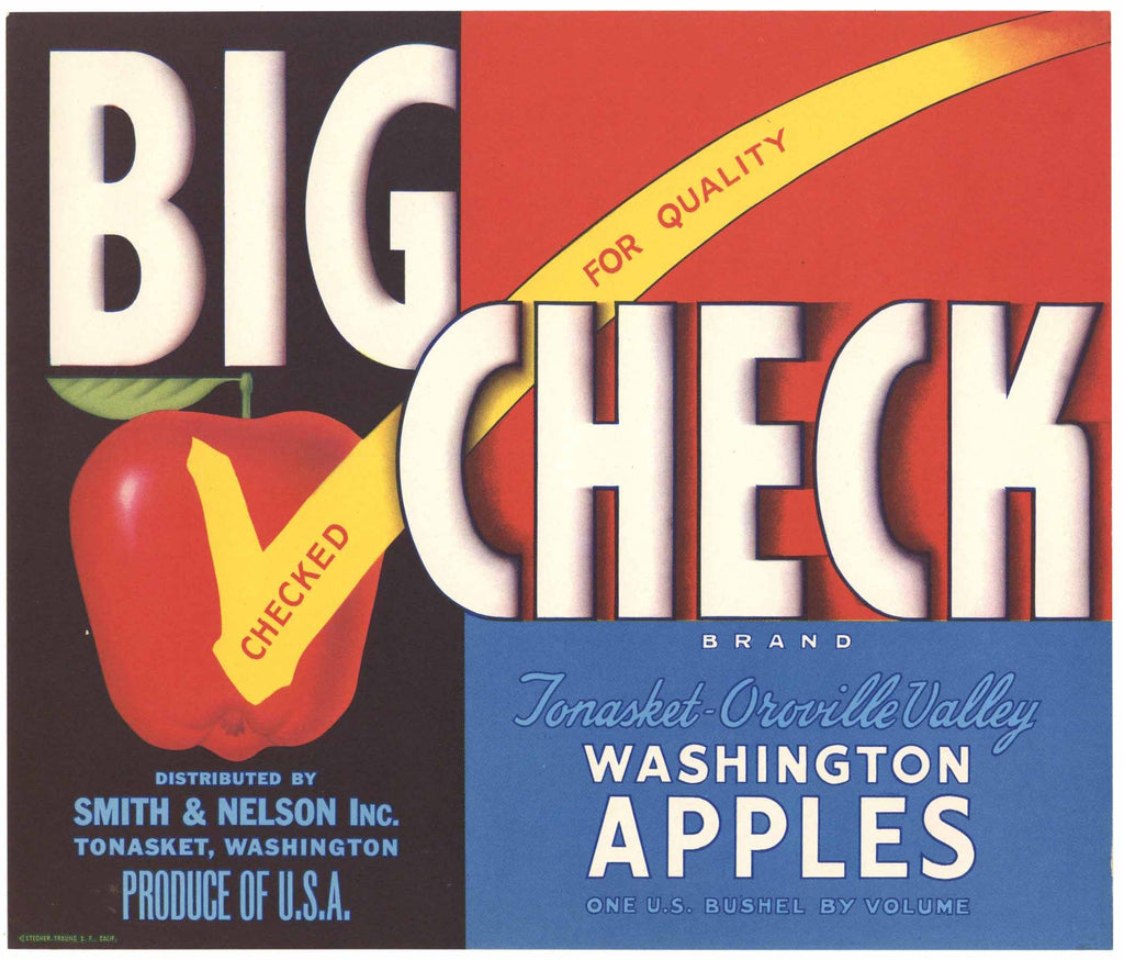 Big Check Brand Vintage Tonasket Washington Apple Crate Label, red