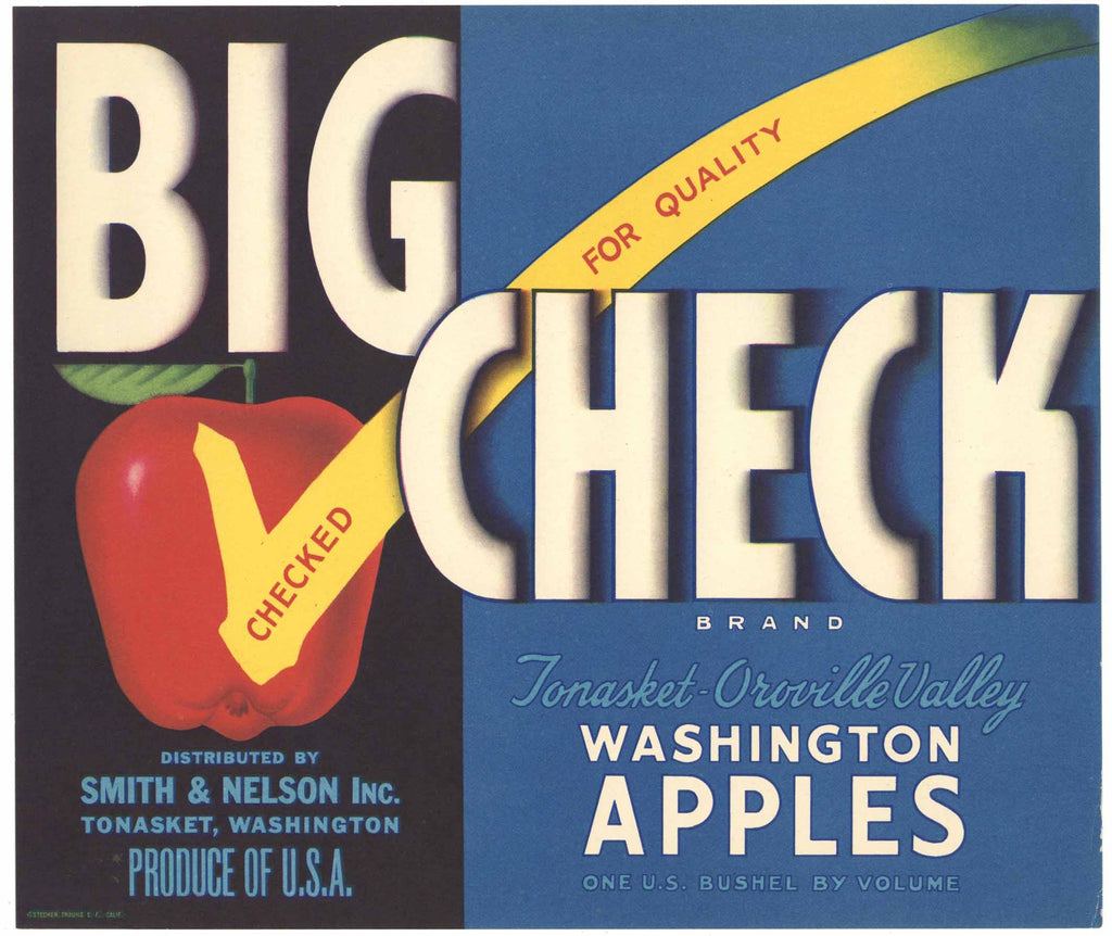 Big Check Brand Vintage Tonasket Washington Apple Crate Label, blue