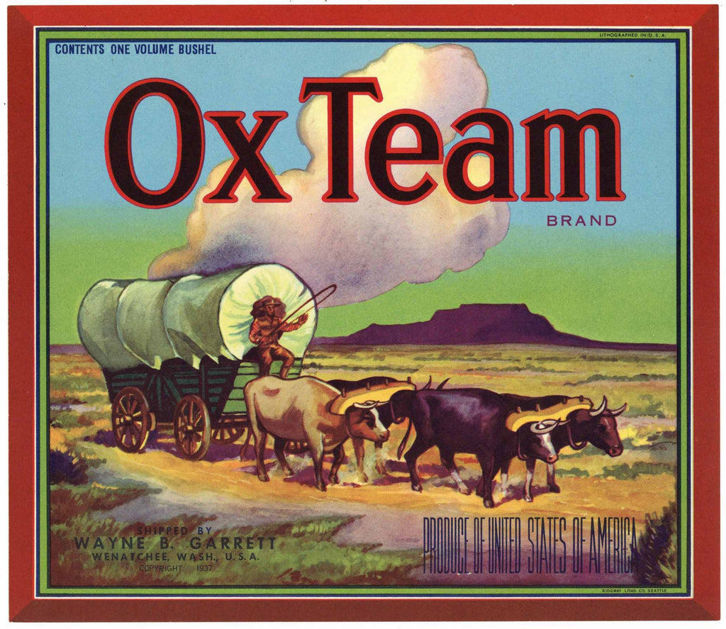 Ox Team Brand Vintage Wenatchee Washington Apple Crate Label