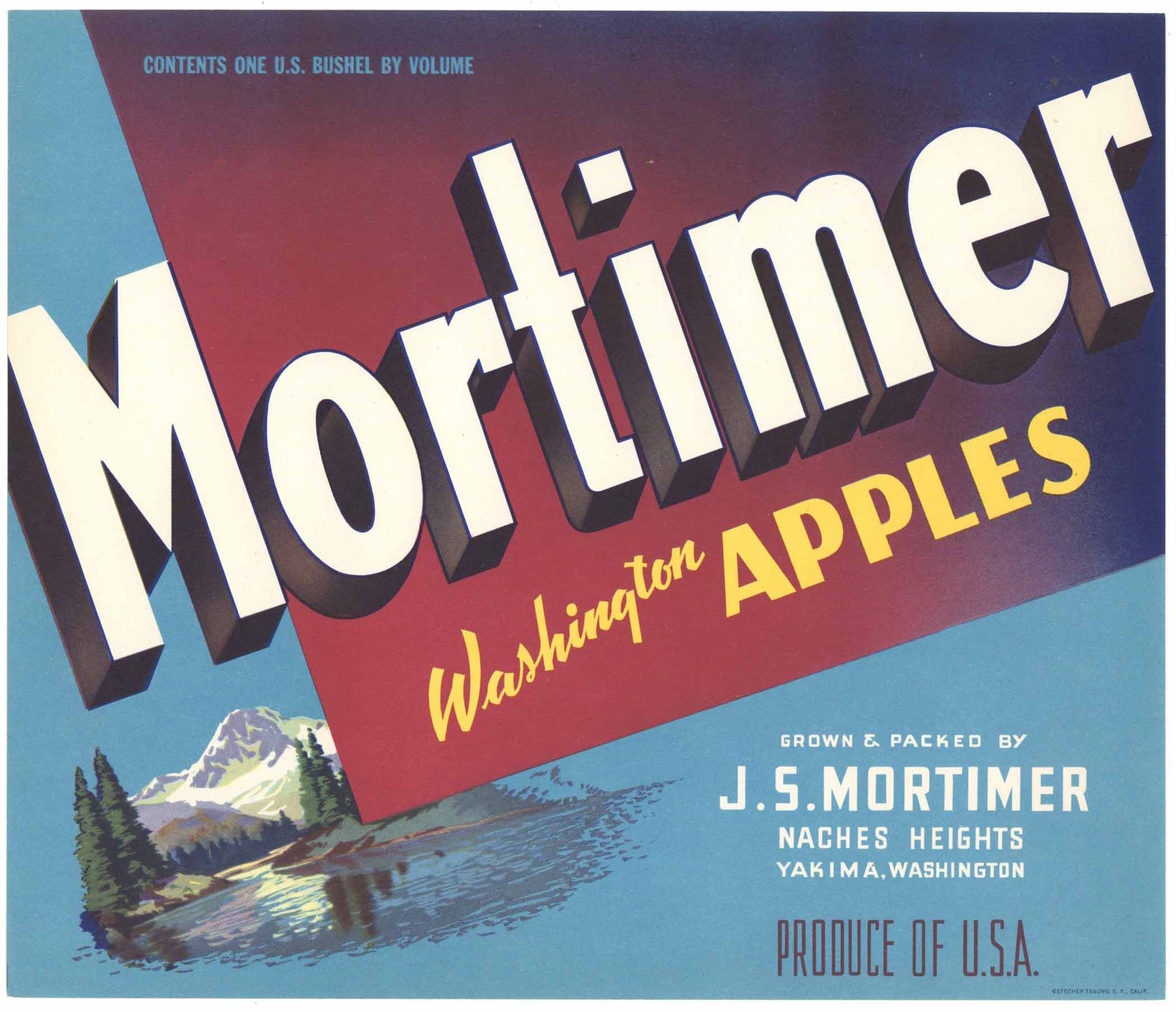 Mortimer Brand Vintage Yakima Washington Apple Crate Label, light blue