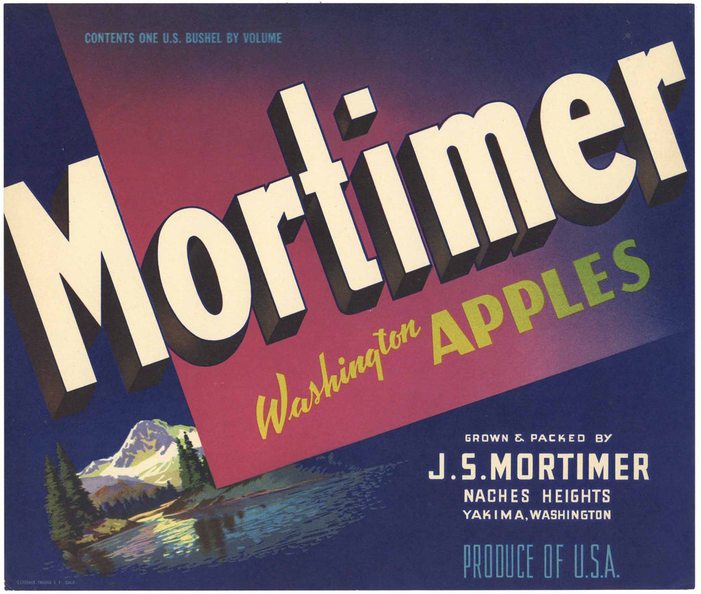 Mortimer Brand Vintage Yakima Washington Apple Crate Label, dark blue