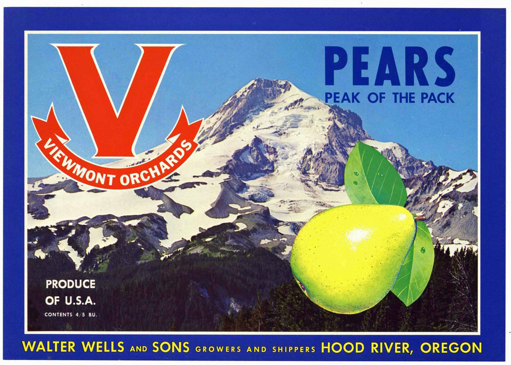 Viewmont Orchard Brand Vintage Hood River Oregon Pear Crate Label, color