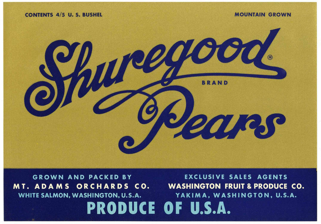 Shuregood Brand Vintage Yakima Washington Pear Crate Label, blue