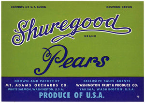 Shuregood Brand Vintage Yakima Washington Pear Crate Label, green