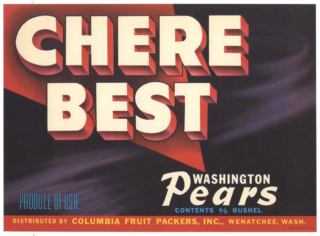 Chere Best Brand Wenatchee Washington Pear Crate Label, red