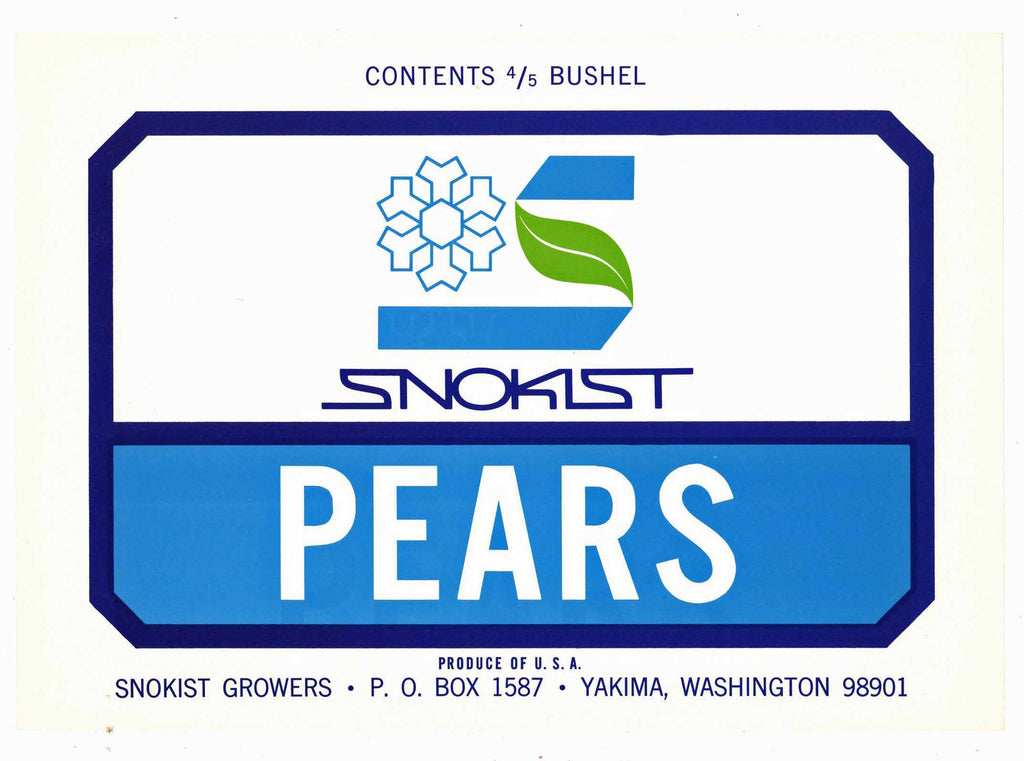 Snokist Brand Vintage Yakima Washington Pear Crate Label, blue