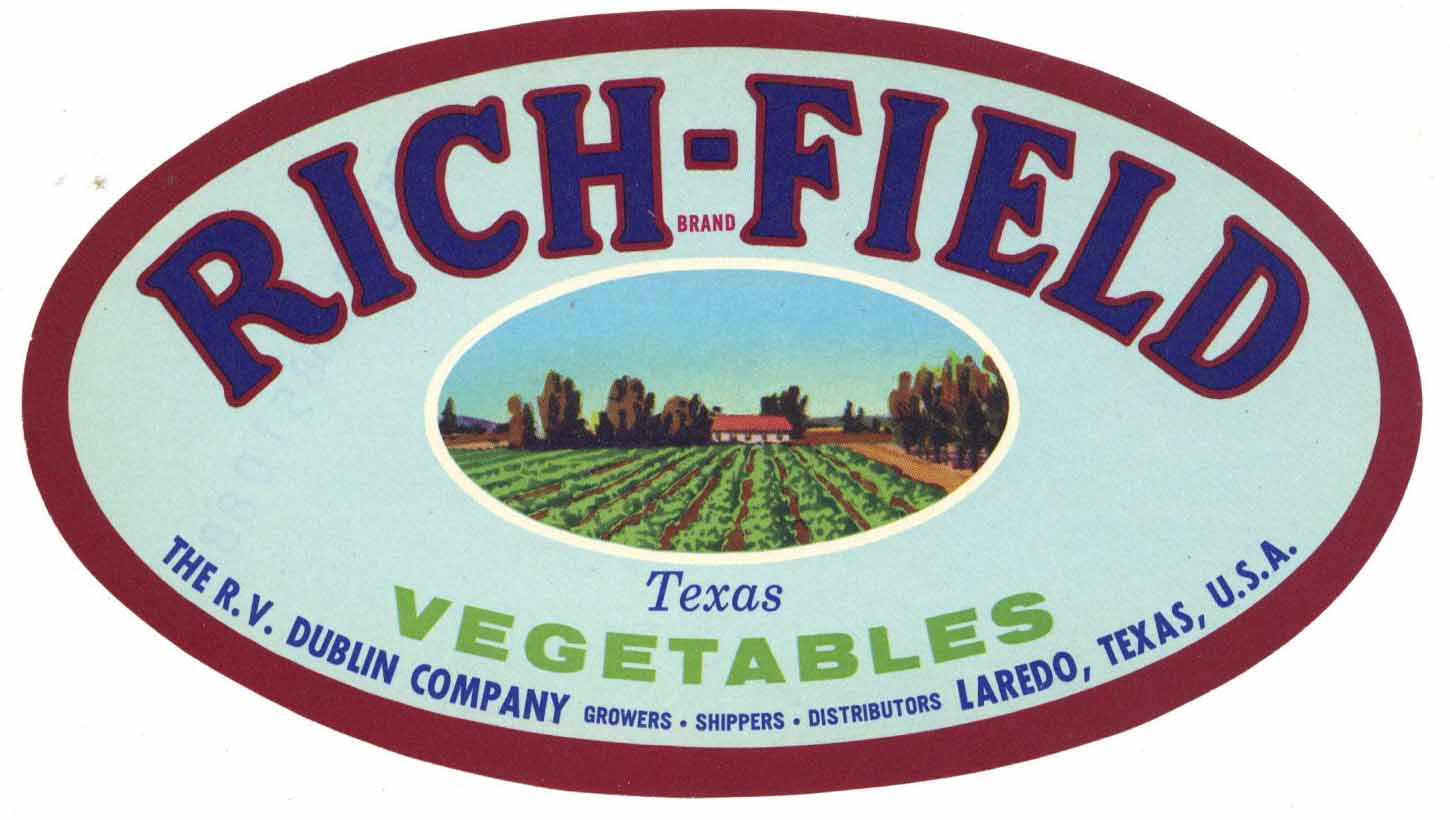 Rich-Field Brand Vintage Laredo Texas Vegetable Crate Label, oval