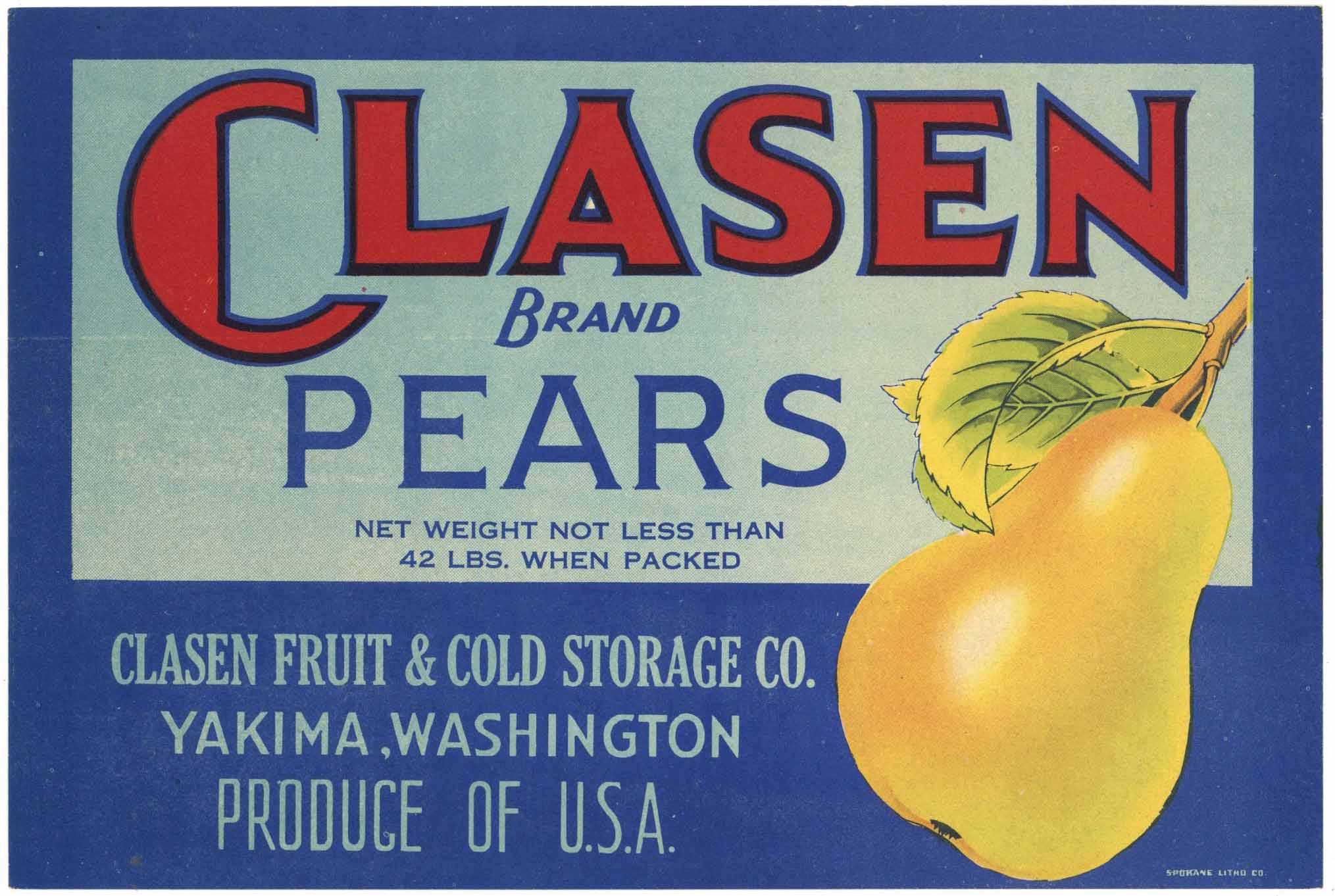 Clasen Brand Vintage Yakima Washington Pear Crate Label