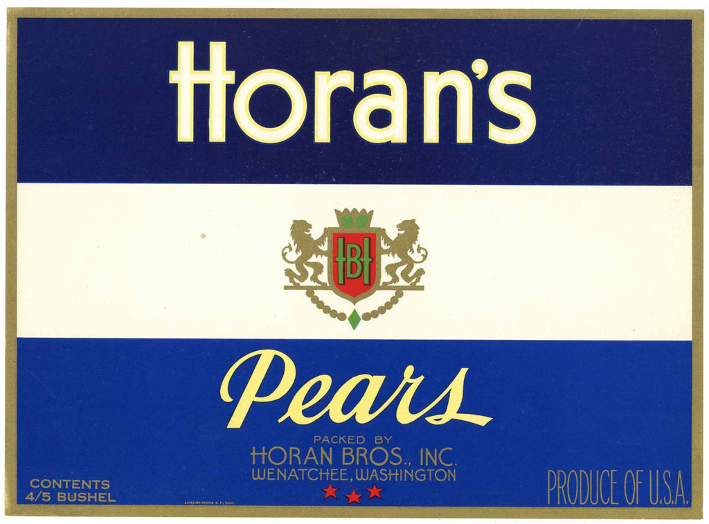 Horan's Brand Vintage Wenatchee Washington Pear Crate Label