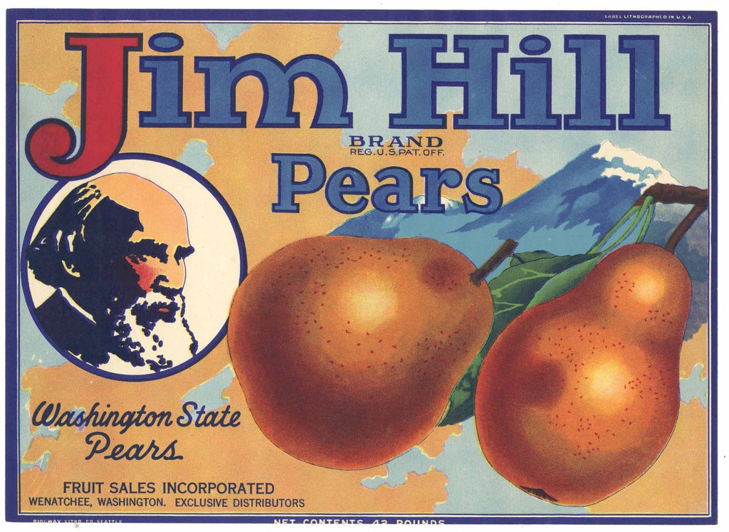 Jim Hill Brand Vintage Wenatchee Washington Pear Crate Label