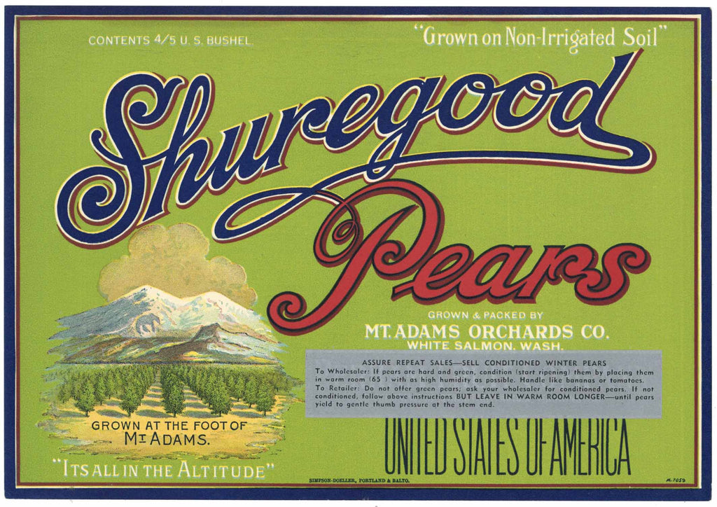 Shuregood Brand Vintage Washington Pear Crate Label, green